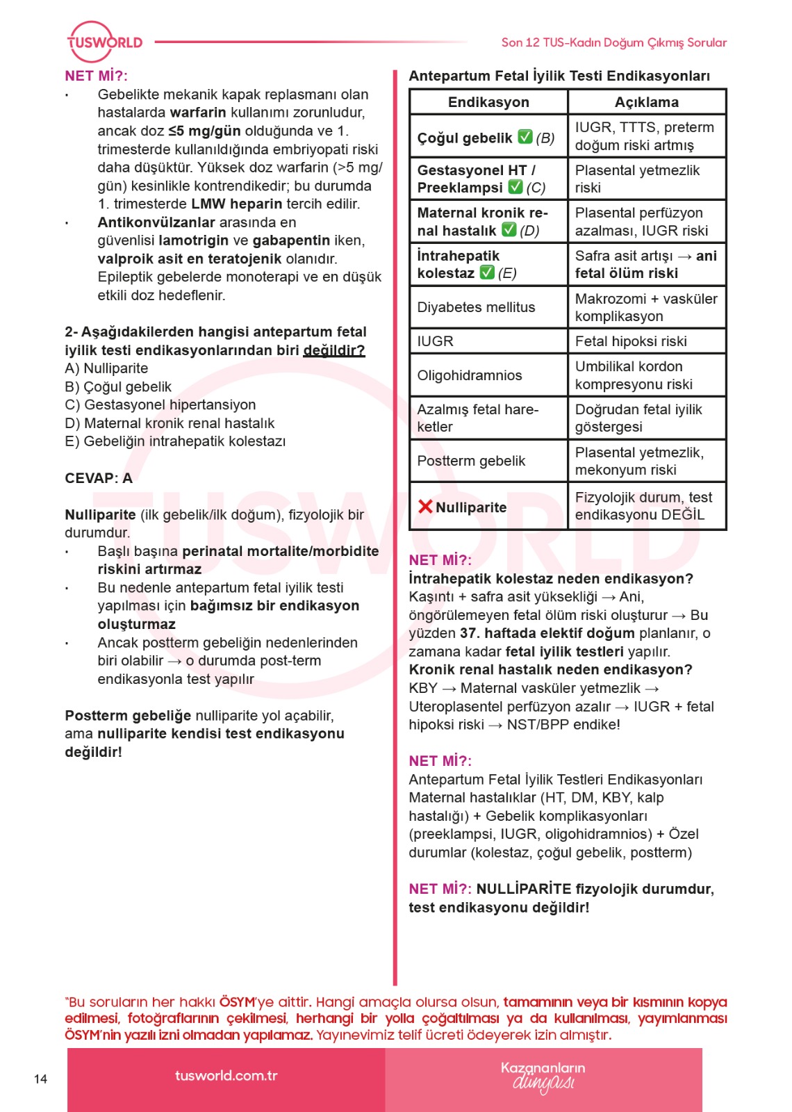 EZEL TUS Kadın Doğum Çıkmış Sorular